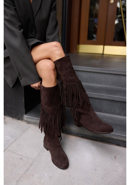 Pulına Kadın Sıyah Gercek Suet Astarsız Puskullu Cızme