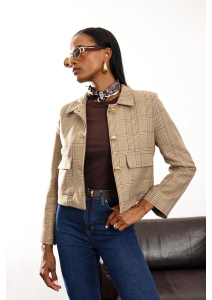 Kahverengi Kazayağı Desenli Kısa Ceket 03007 modelleri