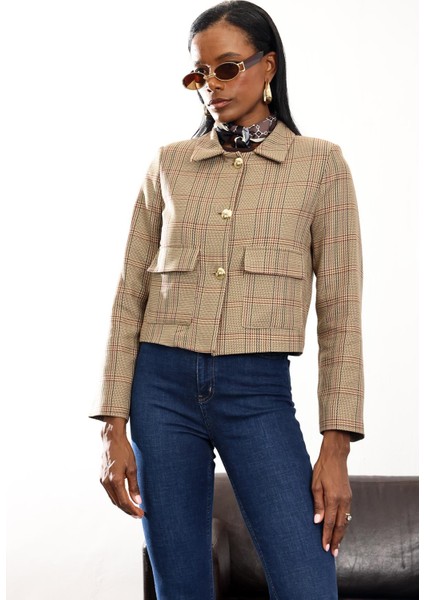 Kahverengi Kazayağı Desenli Kısa Ceket 03007 fırsatları