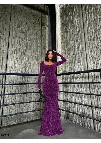 Kalp Yaka Balık Model Flowers Kumaş Abiye Elbise Fuşya 583114