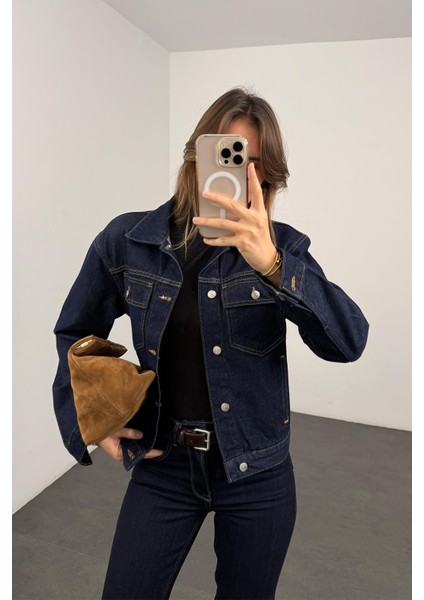 Lacivert Dikiş Detaylı Denim Ceket