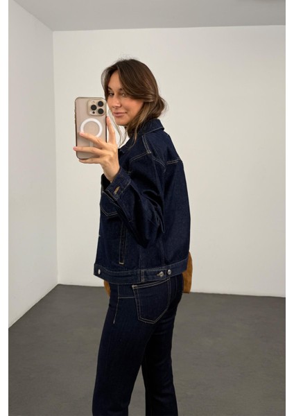 Lacivert Dikiş Detaylı Denim Ceket indirimleri