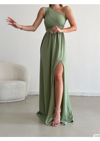 Ithal Krep Kumaş Tek Omuz Uzun Yandan Yırtmaclı Elbise 582160 Mint