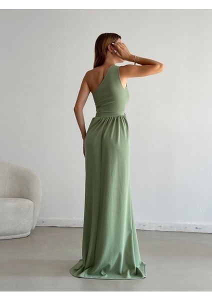 Ithal Krep Kumaş Tek Omuz Uzun Yandan Yırtmaclı Elbise 582160 Mint fiyatları