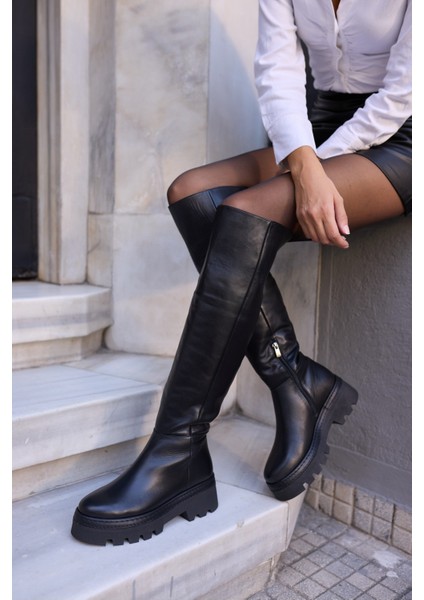Giselle Kadin Siyah Gercek Suet Diz Ustu Yandan Fermuarli Çizme