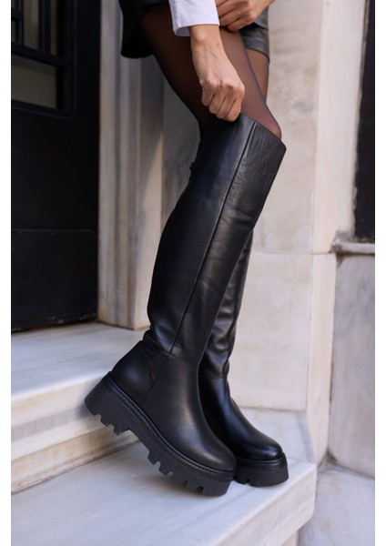 Giselle Kadin Siyah Gercek Suet Diz Ustu Yandan Fermuarli Çizme