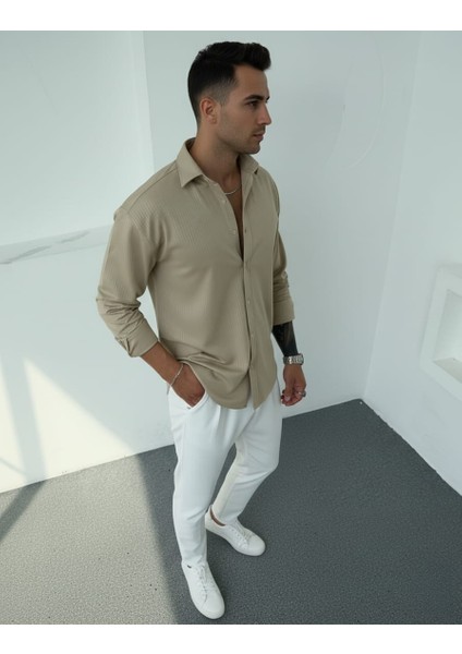 Erkek Polo Yaka Uzun Kollu Kendinden Çizgili Gömlek, Oversize Kalıp, Pamuk-Polyester, indirimleri