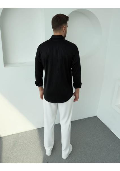 Erkek Polo Yaka Uzun Kollu Kendinden Çizgili Gömlek, Oversize Kalıp, Pamuk-Polyester, fırsatları