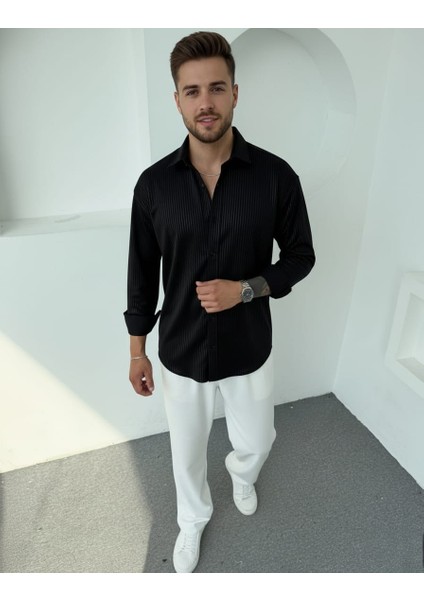 Erkek Polo Yaka Uzun Kollu Kendinden Çizgili Gömlek, Oversize Kalıp, Pamuk-Polyester, fiyatları