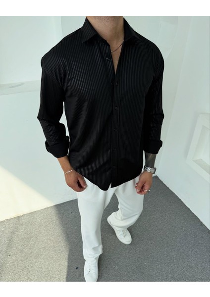 Erkek Polo Yaka Uzun Kollu Kendinden Çizgili Gömlek, Oversize Kalıp, Pamuk-Polyester,