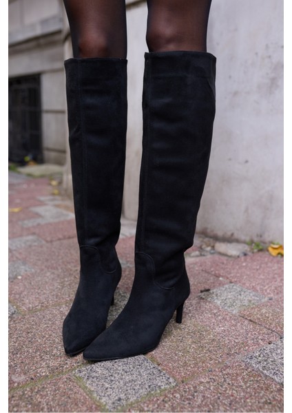 Alto Kadın Siyah Suet Topuklu Diz Ustu Çizme modelleri