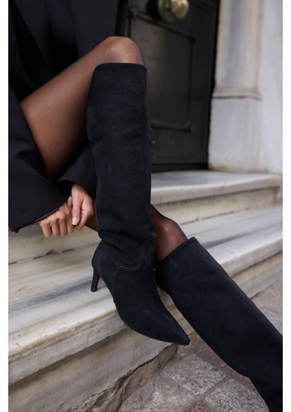 Alto Kadın Siyah Suet Topuklu Diz Ustu Çizme