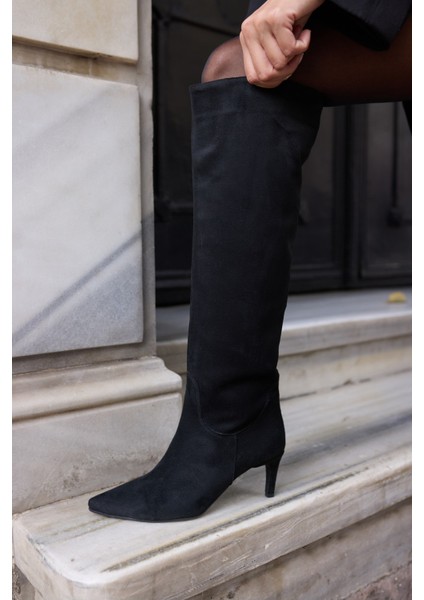 Alto Kadın Siyah Suet Topuklu Diz Ustu Çizme