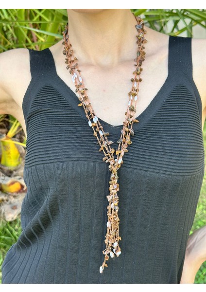 Sedef Boncuk Işleme Kadın Uzun Kolye 50 cm