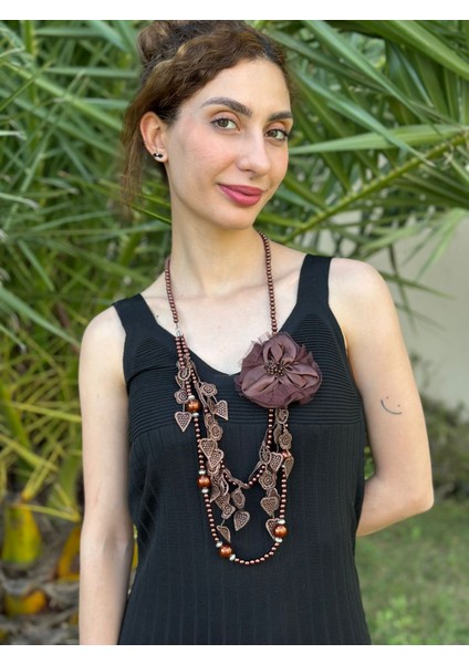 Kahverengi Çiçekli Oyalı Etnik Kadın Kolye 46 cm