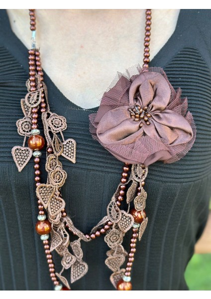 Kahverengi Çiçekli Oyalı Etnik Kadın Kolye 46 cm fiyatları