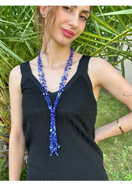 Sedef Boncuk Işleme Kadın Uzun Kolye 50 cm