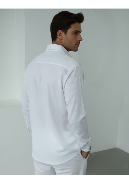 Erkek Polo Yaka Uzun Kollu Kendinden Çizgili Gömlek, Oversize Kalıp, Pamuk-Polyester, modelleri