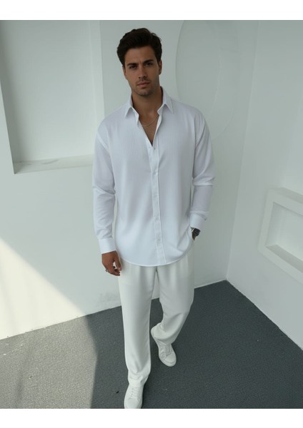 Erkek Polo Yaka Uzun Kollu Kendinden Çizgili Gömlek, Oversize Kalıp, Pamuk-Polyester, fırsatları