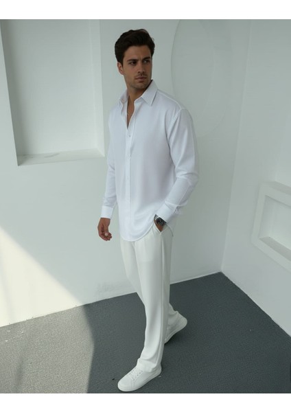 Erkek Polo Yaka Uzun Kollu Kendinden Çizgili Gömlek, Oversize Kalıp, Pamuk-Polyester, indirimleri