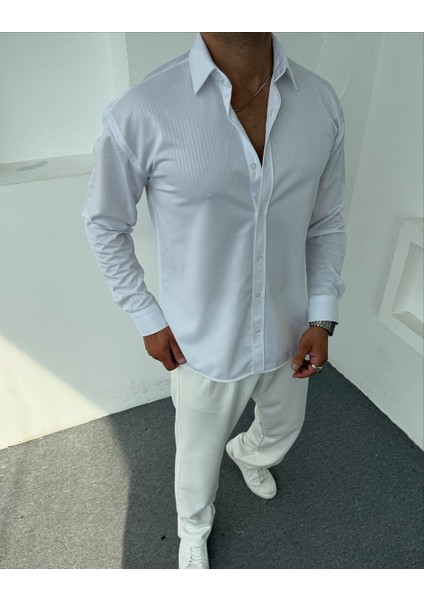 Erkek Polo Yaka Uzun Kollu Kendinden Çizgili Gömlek, Oversize Kalıp, Pamuk-Polyester,