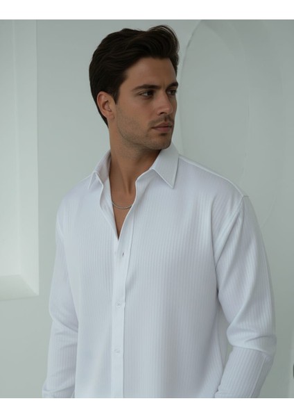 Erkek Polo Yaka Uzun Kollu Kendinden Çizgili Gömlek, Oversize Kalıp, Pamuk-Polyester, fiyatları