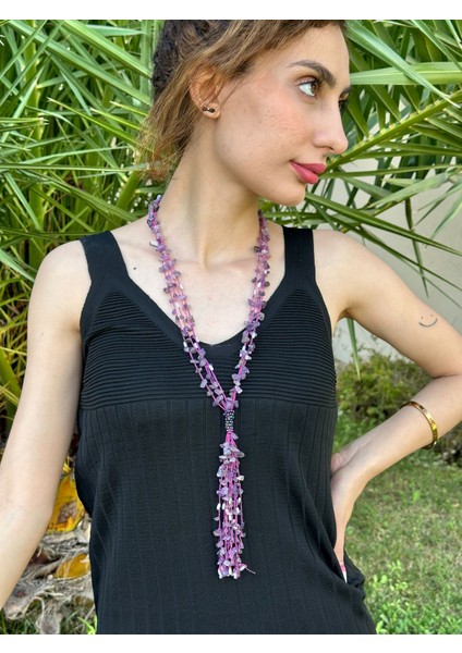 Sedef Boncuk Işleme Kadın Uzun Kolye 50 cm