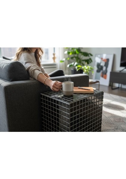Modern Siyah Mozaik Tasarım Sehpa – El Yapımı Dekoratif Yan Sehpa (45X26 Cm) modelleri