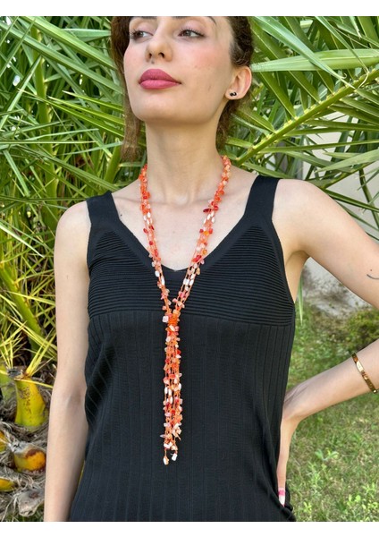 Sedef Boncuk Işleme Kadın Uzun Kolye 50 cm