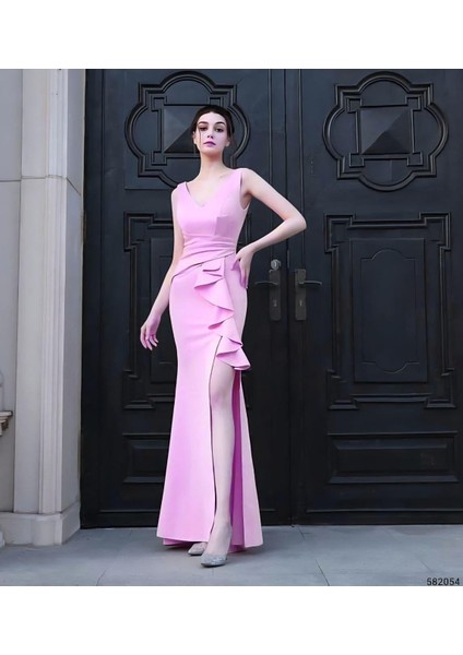 Volan Detaylı Kuyruklu Abiye 582054 Pembe
