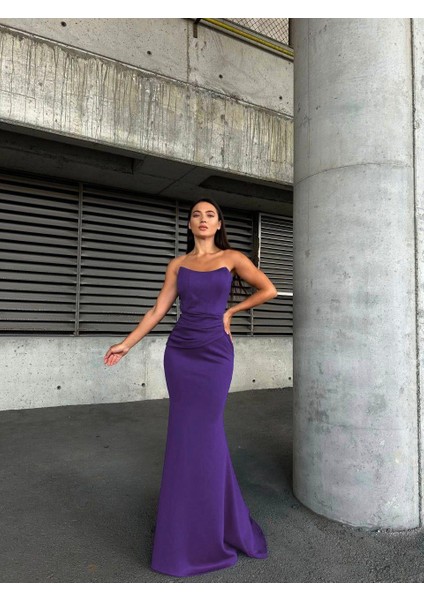 Scuba Straplez Uzun Elbise Mor 583301