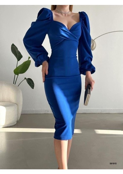 Kruvaze Yaka Balon Kol Ithal Krep Kumaş Midi Boy Elbise fiyatları