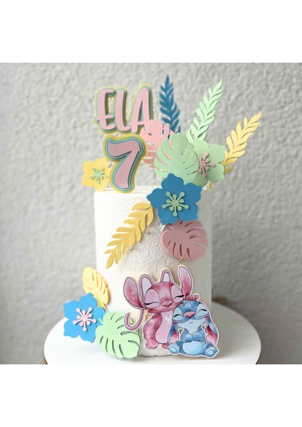 Stitch Temalı Kız Çocuk Doğum Günü Isme Özel 3D Pasta Üstü Süsü Seti Cake Topper