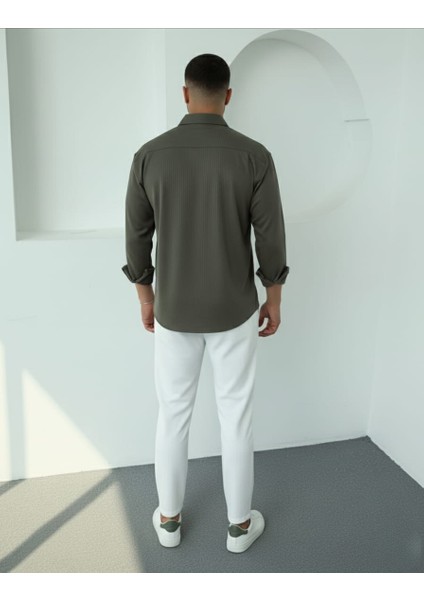 Erkek Polo Yaka Uzun Kollu Kendinden Çizgili Gömlek, Oversize Kalıp, Pamuk-Polyester, fırsatları