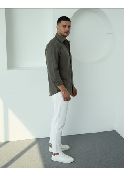 Erkek Polo Yaka Uzun Kollu Kendinden Çizgili Gömlek, Oversize Kalıp, Pamuk-Polyester, modelleri