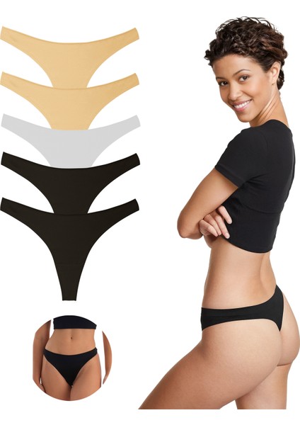 Yohannesclub, Kadın, Pamuklu Basic Tanga Külot, 5'li Paket, 2 Siyah, 2 Ten Rengi, 1 Beyaz