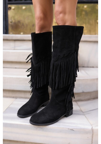 Pulına Kadın Sıyah Gercek Suet Astarsız Puskullu Cızme