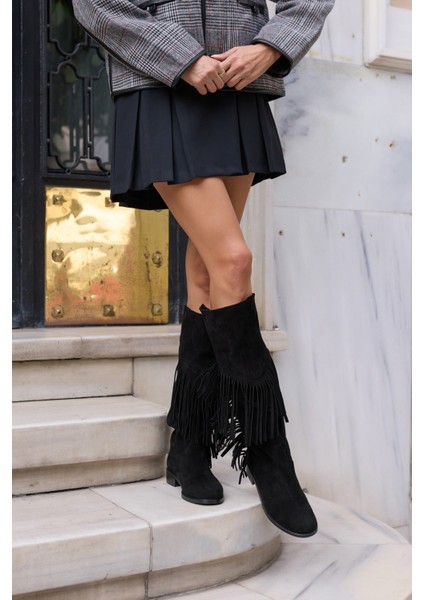 Pulına Kadın Sıyah Gercek Suet Astarsız Puskullu Cızme