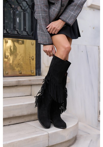 Pulına Kadın Sıyah Gercek Suet Astarsız Puskullu Cızme