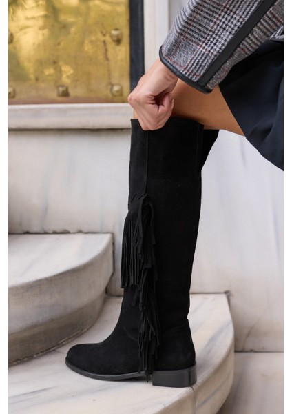 Pulına Kadın Sıyah Gercek Suet Astarsız Puskullu Cızme