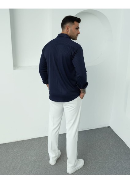 Erkek Polo Yaka Uzun Kollu Kendinden Çizgili Gömlek, Oversize Kalıp, Pamuk-Polyester, indirimleri