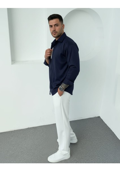 Erkek Polo Yaka Uzun Kollu Kendinden Çizgili Gömlek, Oversize Kalıp, Pamuk-Polyester, fırsatları