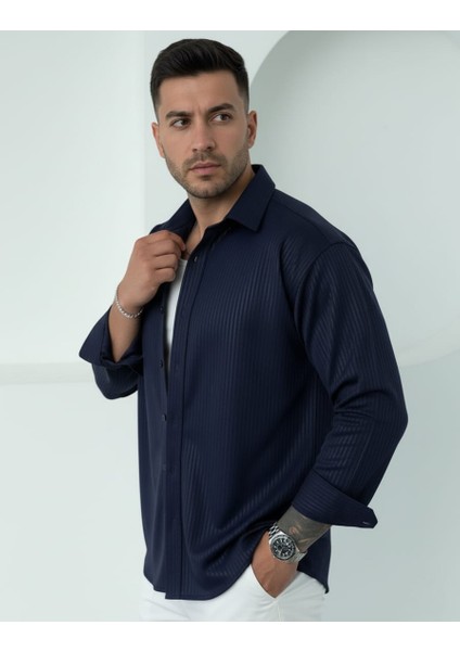 Erkek Polo Yaka Uzun Kollu Kendinden Çizgili Gömlek, Oversize Kalıp, Pamuk-Polyester, fiyatları