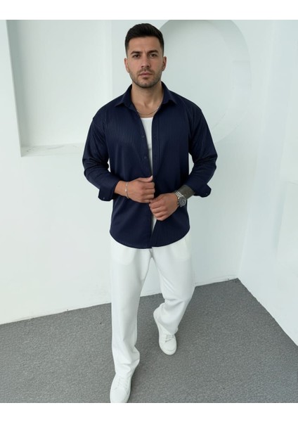 Erkek Polo Yaka Uzun Kollu Kendinden Çizgili Gömlek, Oversize Kalıp, Pamuk-Polyester, modelleri