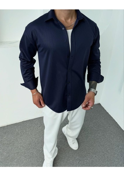 Erkek Polo Yaka Uzun Kollu Kendinden Çizgili Gömlek, Oversize Kalıp, Pamuk-Polyester,