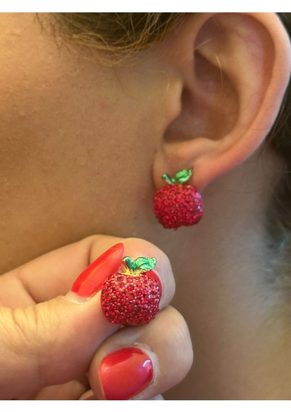 Kırmızı Boncuk Işleme Elma Kadın Küpe 1 cm modelleri