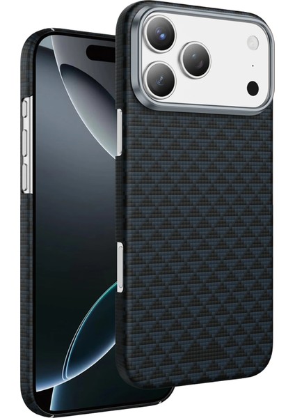 iPhone 17 Pro Max Kılıf Magsafe Şarjlı Süper Ince Aramid Karbon Fiber Paris Desen Kevlar Kapak