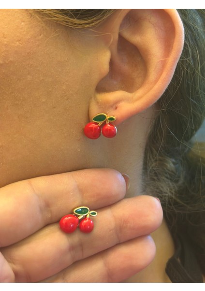 Kırmızı Yapraklı Kiraz Kadın Küpe