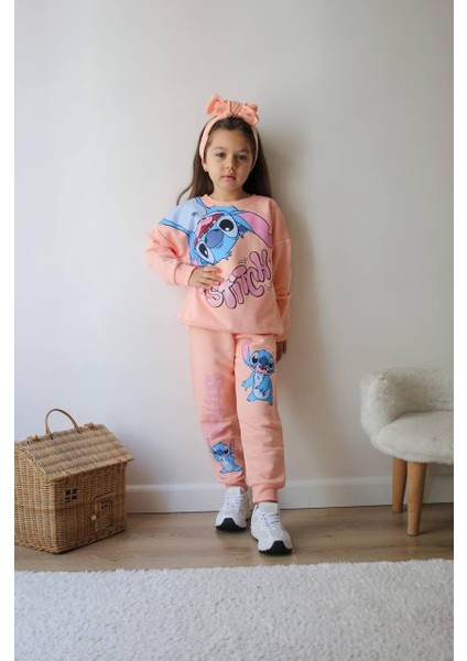 Stitch Temalı Simli Baskı Kız Çocuk Alt Üst Sweatshirt Eşofman Takım