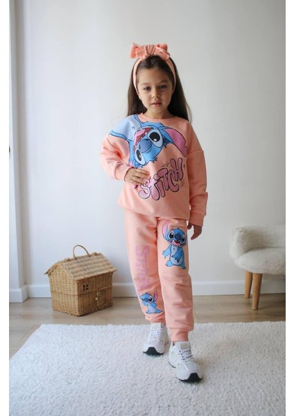 Stitch Temalı Simli Baskı Kız Çocuk Alt Üst Sweatshirt Eşofman Takım fiyatları
